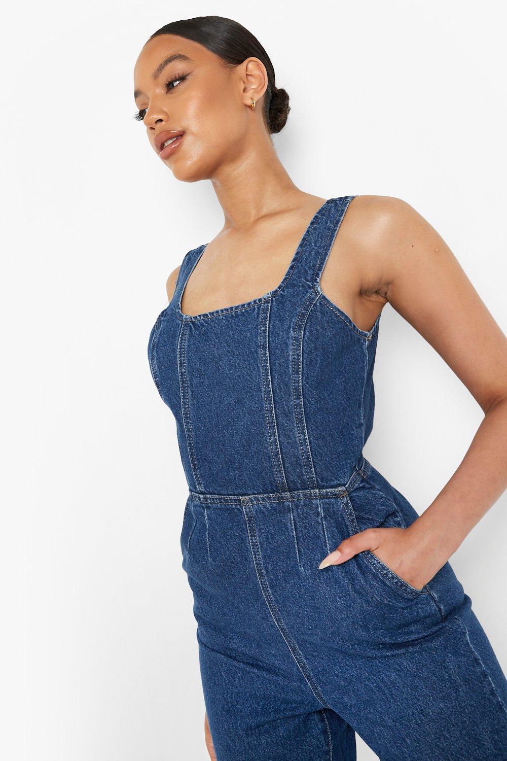 Square Neck Tapered Denim Jumpsuit boohoo AU